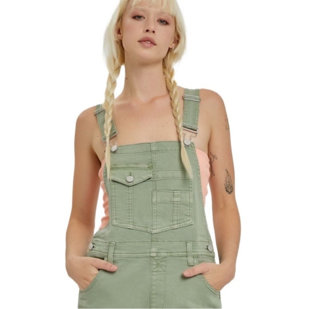 Risen Overalls Straight Leg Denim Olive Distressed Raw Hem - Picture 5 of 10